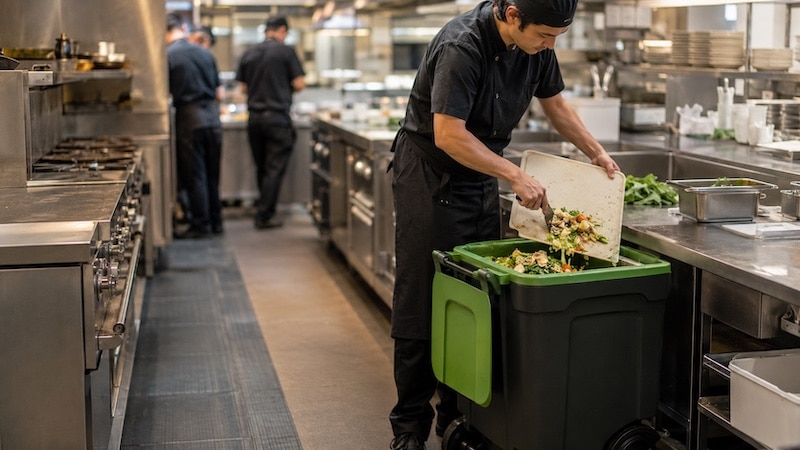 cuisinier de cantine qui tri des déchets alimentaire
