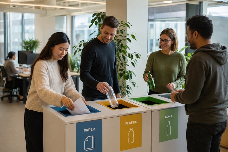 Salariés triant leurs déchets sur un point de tri au bureau