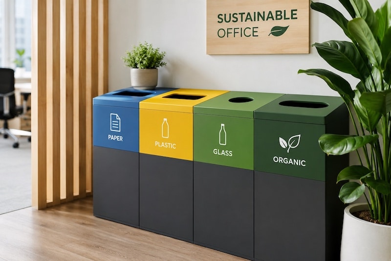 Coin de tri organisé avec bacs séparés dans un bureau