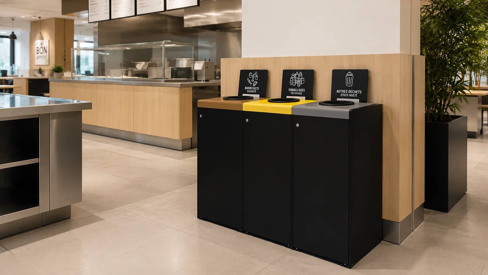 poubelles de tri sélectif dans une cantine