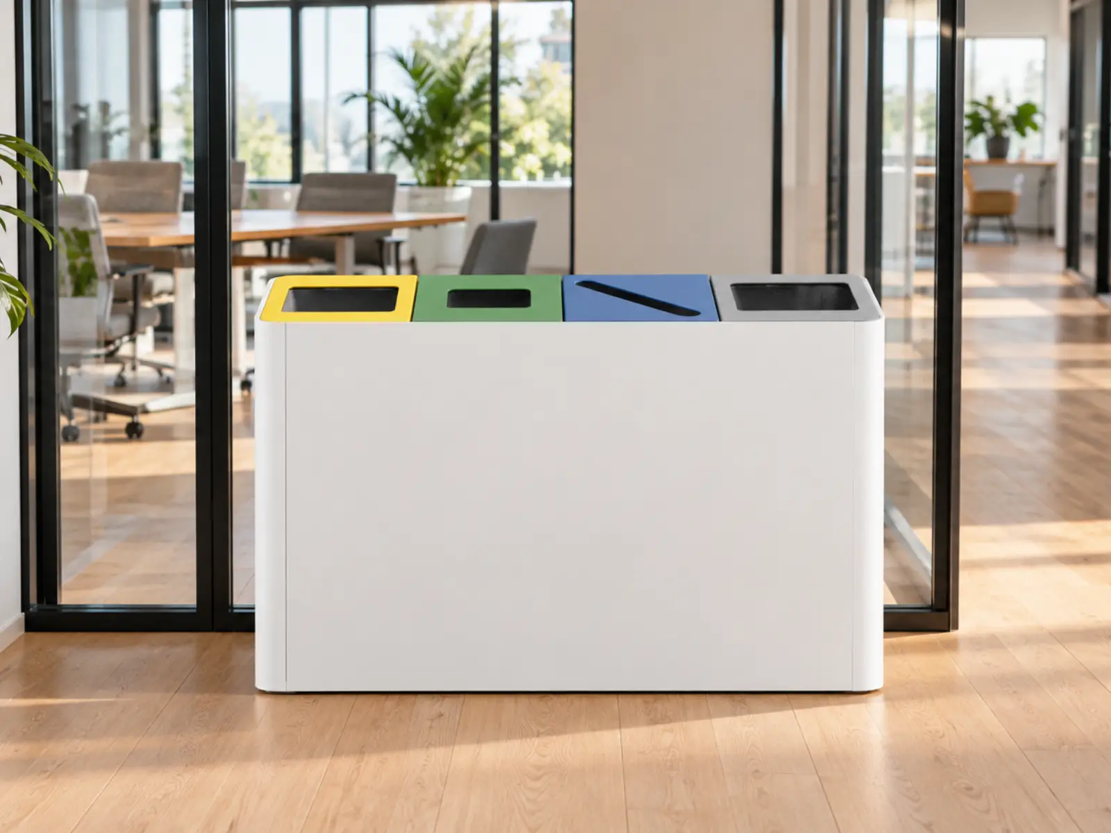 Poubelle de tri sélectif 4 flux dans des bureaux d’entreprise