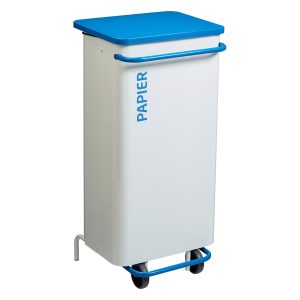 Poubelle de tri mobile à pédale Nomade 110 L, corps blanc, couvercle bleu papier