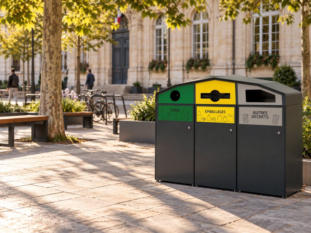 Point de tri extérieur 3 flux sur le parvis d’une mairie