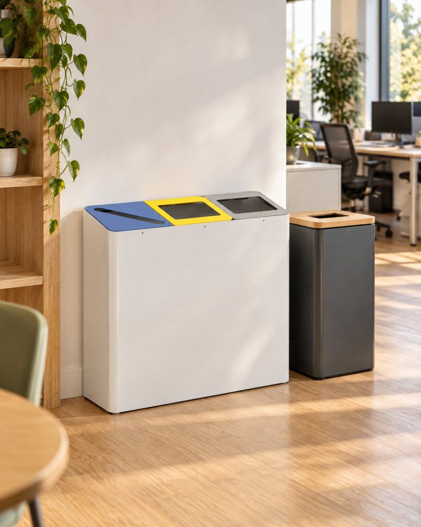 Poubelle de tri 3 flux et poubelle design dans un bureau d’entreprise