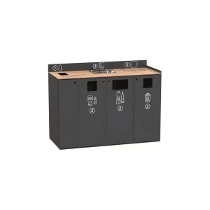 Meuble de tri et de débarrassage Restotri, anthracite, plateau chêne clair, 3 ouvertures de tri