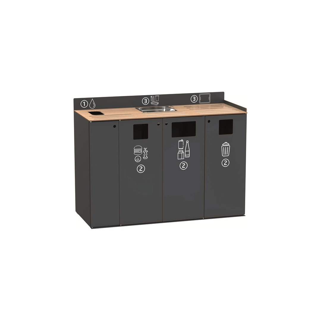 Meuble de tri et de débarrassage Restotri, anthracite, plateau chêne clair, 3 ouvertures de tri