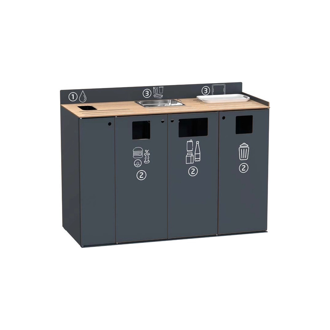 Meuble de tri et de débarrassage Restotri, anthracite, plateau chêne clair, 3 ouvertures de tri